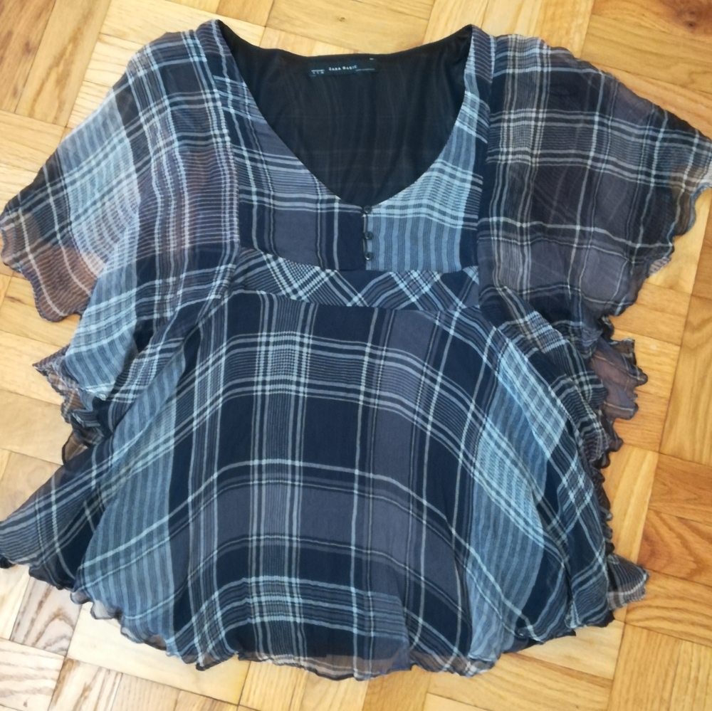 Boho Blak and Gray Checkered Zara Silk Blouse size S